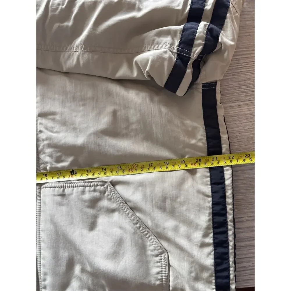 Arizona Jean Co Hooded Bomber Jacket Tan Beige Full Zip Striped Sleeve L